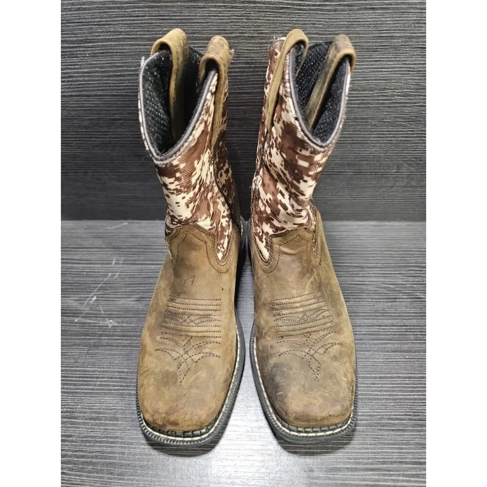 Old West Kids Cowboy Boots Brown Camo Leather Square Toe Size 11 D